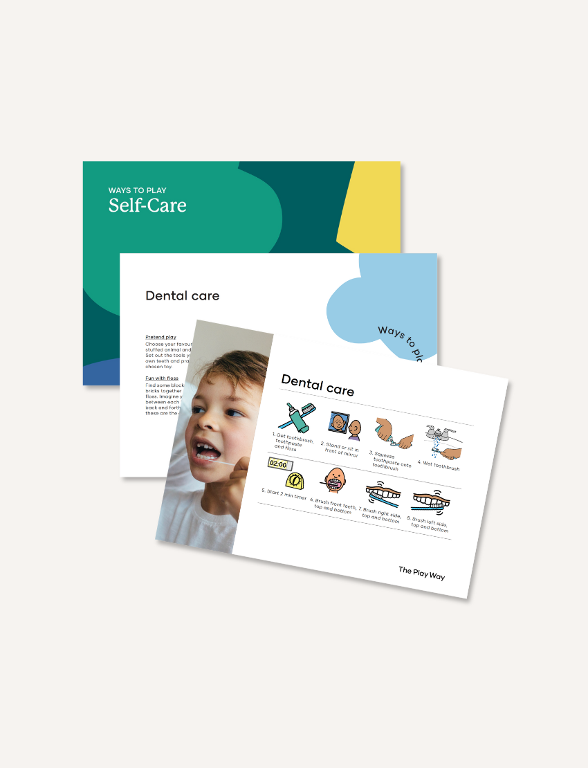 Three printed cards or booklet pages about dental care and self-care displayed on a light beige background. One page has a teal, blue, and yellow abstract design with the text 'Ways to Play Self-Care.