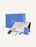 Self-Care Buddy therapy kit displayed on a clean off-white background, featuring a tablet with illustrated self-care options, a blue patterned storage box, a small blue booklet, and several colored markers.