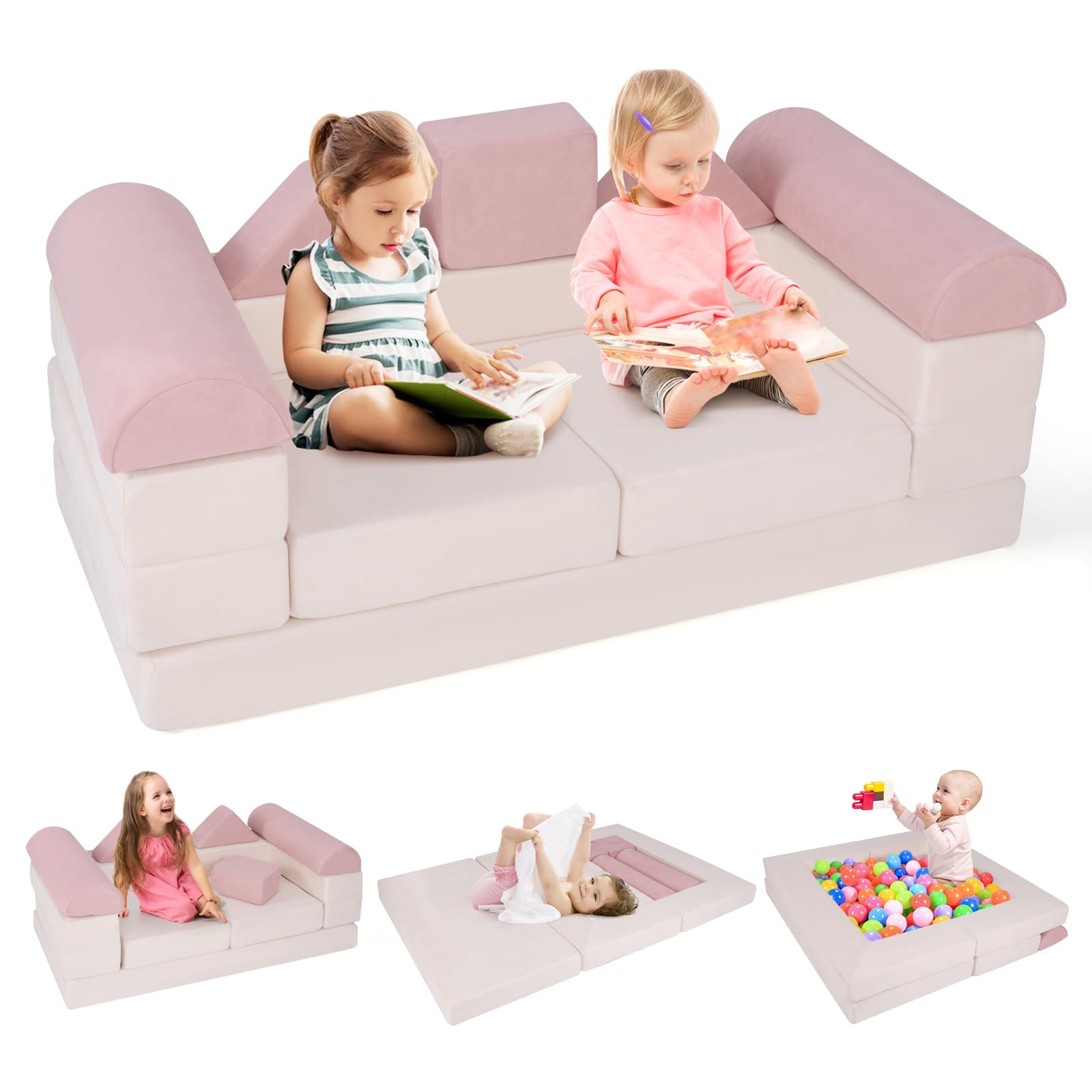 HONEY JOY 9 PCS Modular Convertible Kids Play-Couch Pink The AuDHD Store