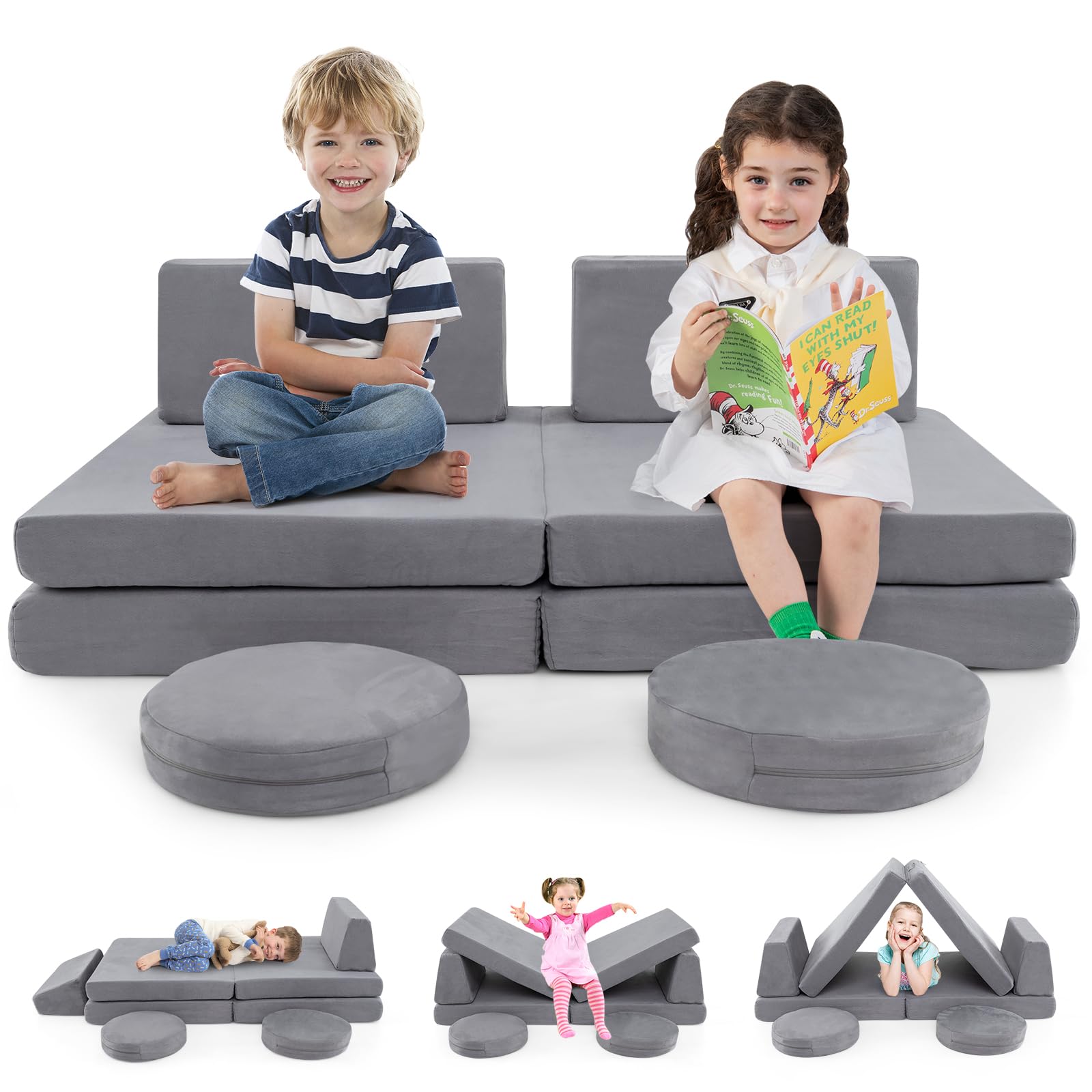 HONEY JOY 6 PCS Modular Convertible Kids Play-Couch Grey The AuDHD Store