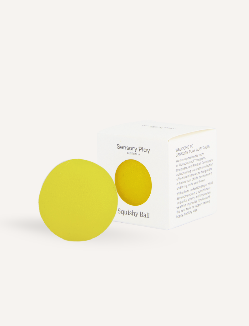 Yellow squishy ball on a white background with text