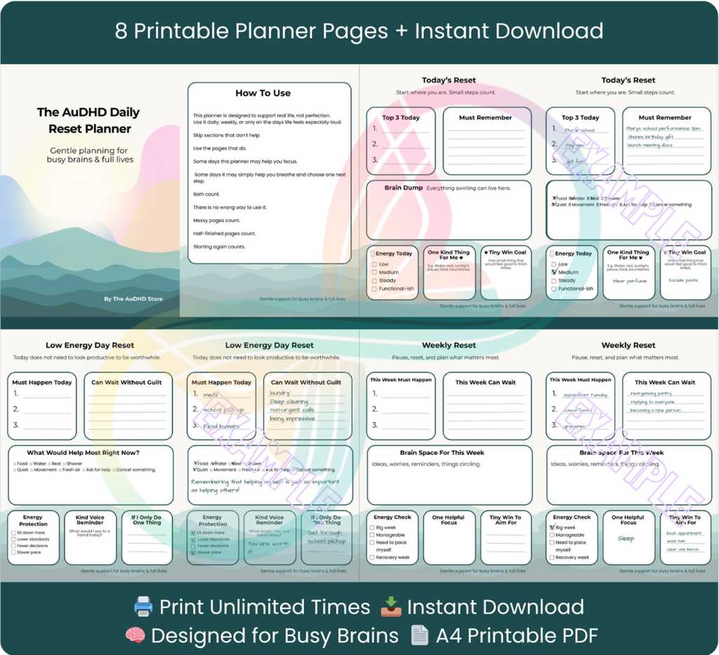 Planner pages with various sections for daily and weekly planning on a scenic background.