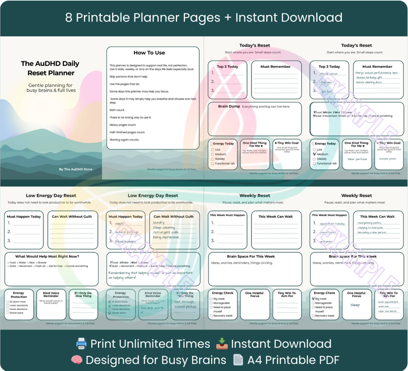 Planner pages with various sections for daily and weekly planning on a scenic background.
