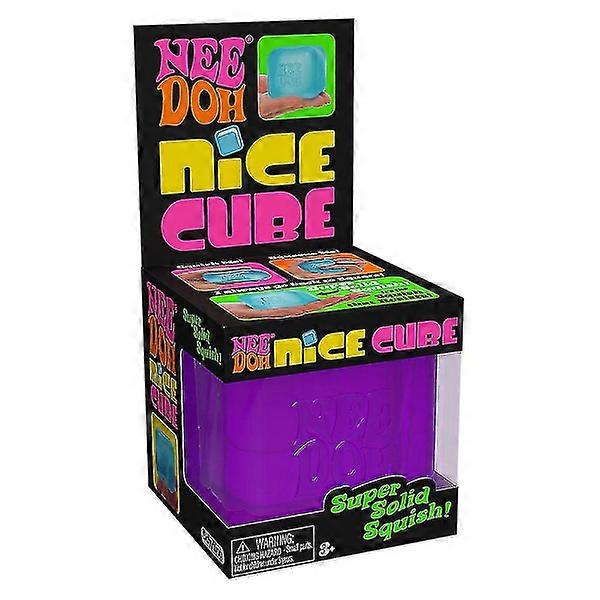 Box of Nee Doh Nice Cube with colorful text and a purple cube inside