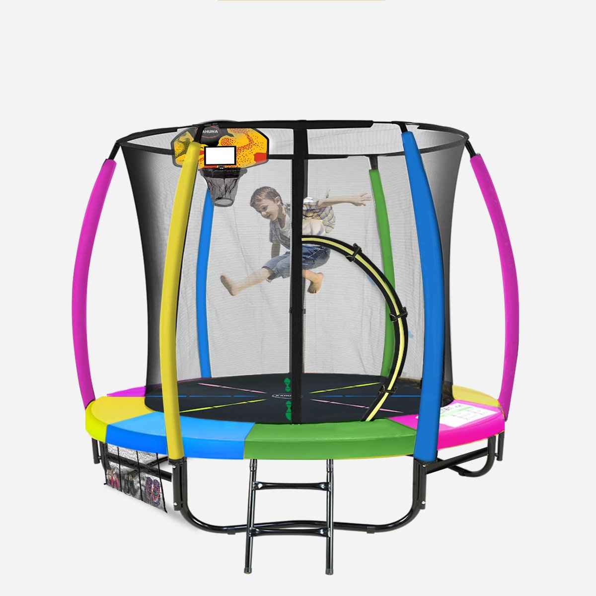 Kahuna 8ft Trampoline with Basketball Hoop Set – Rainbow The AuDHD Store