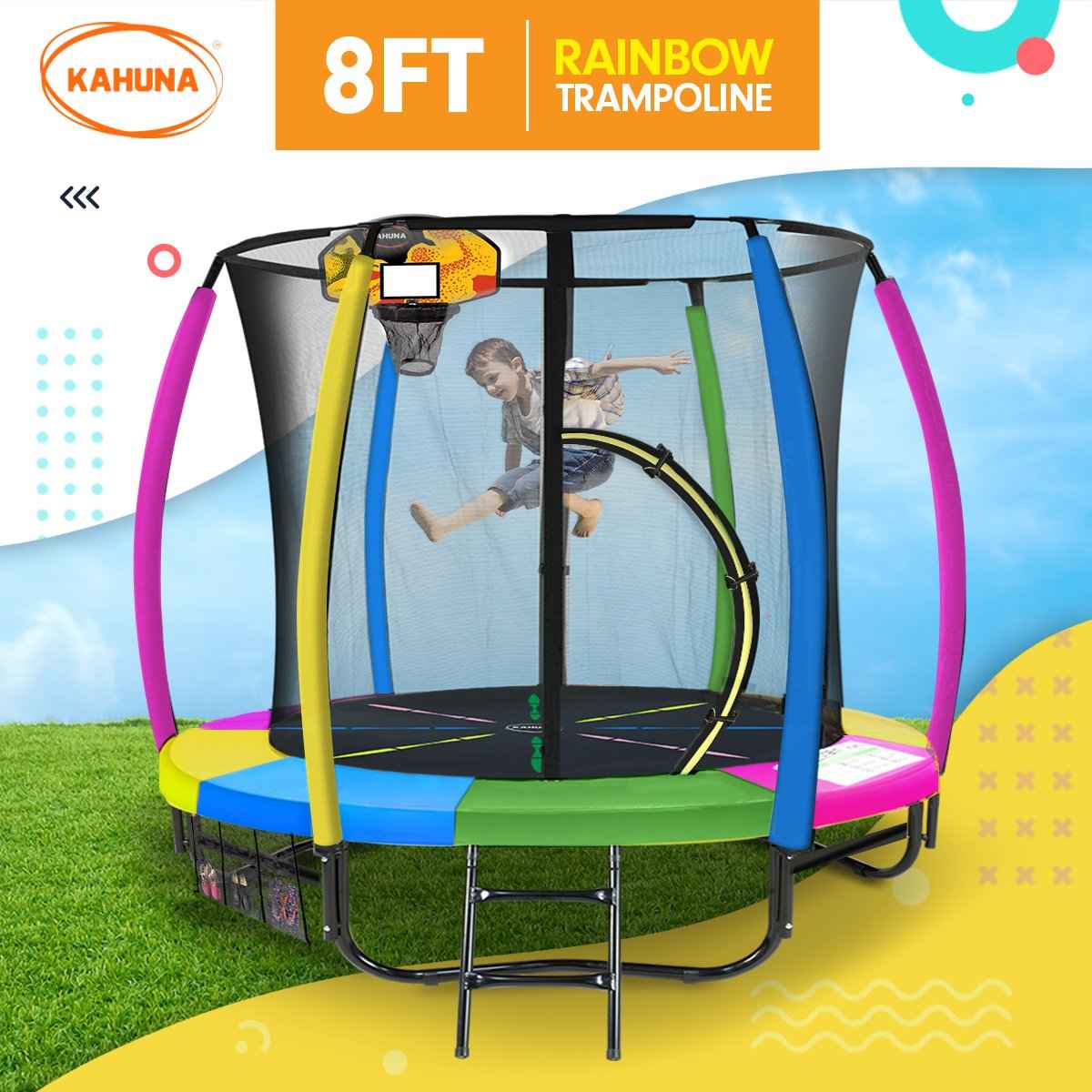 Kahuna 8ft Trampoline with Basketball Hoop Set – Rainbow The AuDHD Store