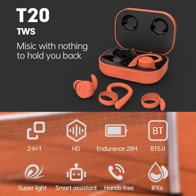 Waterproof T20 Bluetooth Earphones with Charging Box and Noise-cancelling Hooks - Black The AuDHD Store