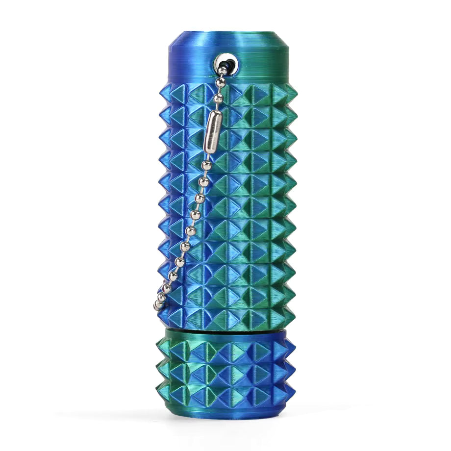 Blue and green textured cylindrical spikey fidget spinner with chain on a white background