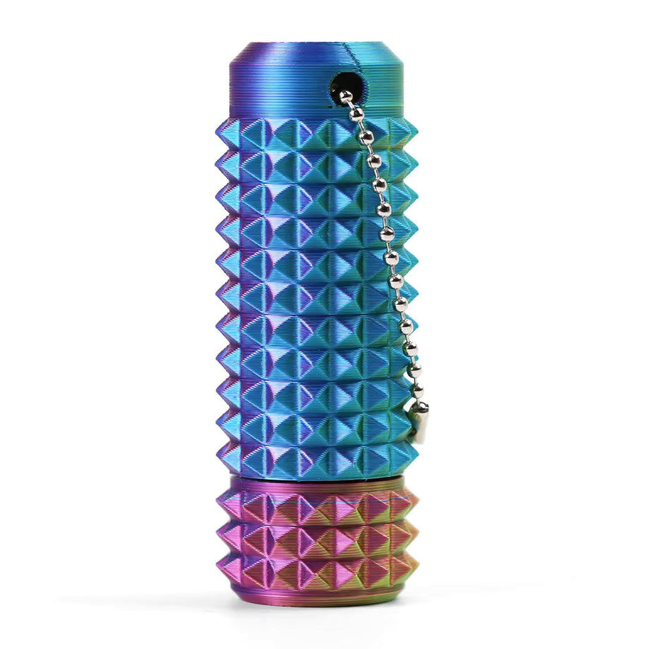 Multicolored spiked cylindrical fidget spinner on a white background