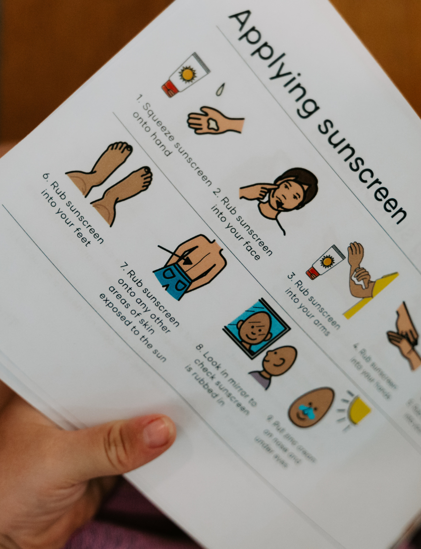 A close-up of a hand holding a printed instruction sheet titled 'Applying sunscreen,' showing illustrated steps for applying sunscreen to hands, feet, and arms.