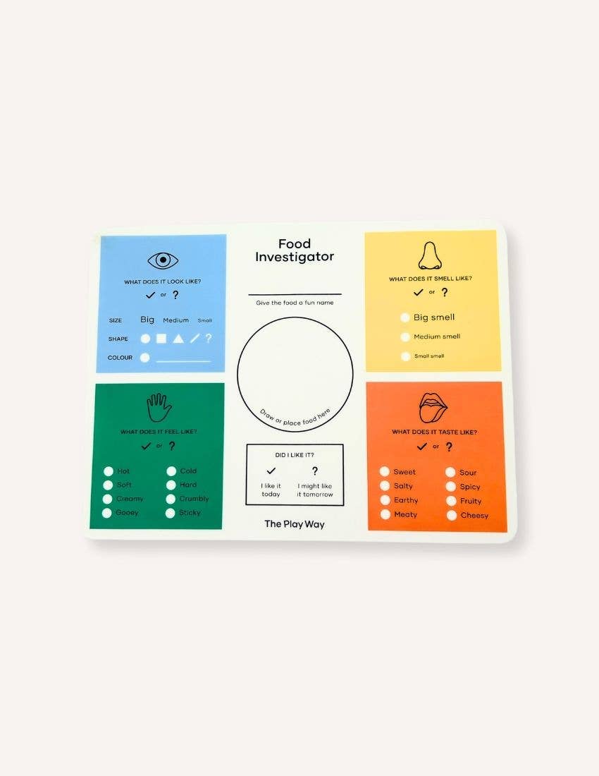 Colorful card game packaging for 'Food Investigator' by The Play Way on a white background