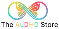 Logo of The AuDHD Store with a colorful infinity symbol on a white background